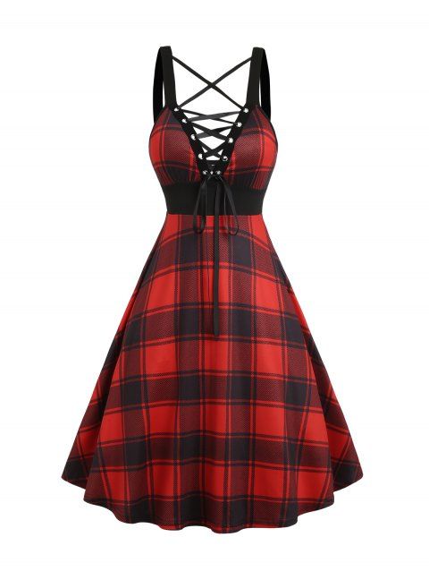 Plaid Print Lace Up Sleeveless Cami Dress High Waist Spaghetti Strap Summer Dress