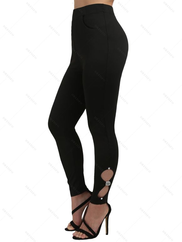 Pantalon Décontracté Moulant Evidé en Couleur Unie avec Strass Design à Taille Elastique - Noir XXL | US 14