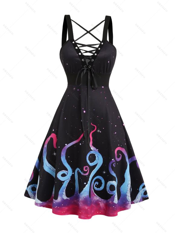 Robe D'Eté Décontractée Colorée Pieuvre Galaxie Imprimée à Lacets - Noir XXL | US 14