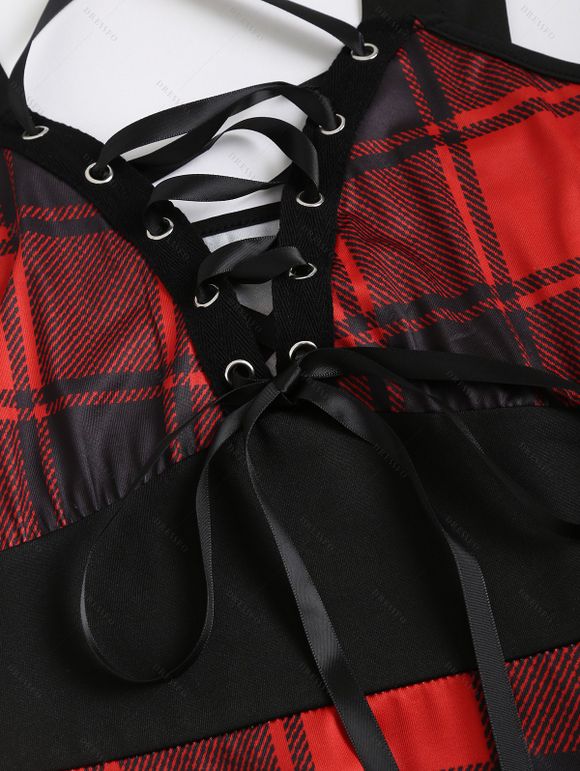 Robe D'été à Carreaux Imprimé à Bretelles Spaghetti à Lacets sans Manches - Noir M | US 6