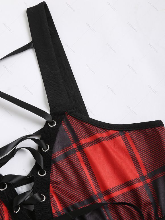 Robe D'été à Carreaux Imprimé à Bretelles Spaghetti à Lacets sans Manches - Noir M | US 6