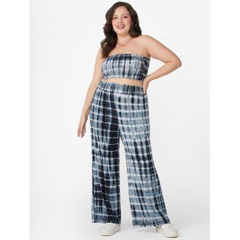 Plus Size Allover Streak Dye Elastic Waist Ruffle Trim Pants Summer Casual Wide Leg Pants