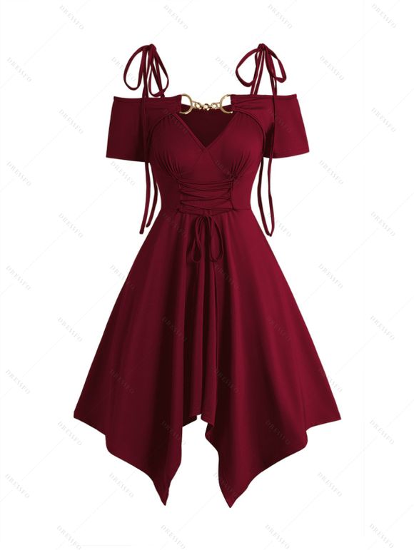 Robe Asymétrique Epaule Dénudée à Manches Courtes Nouée en Couleur Unie à Chaîne - Rouge foncé XXL | US 12