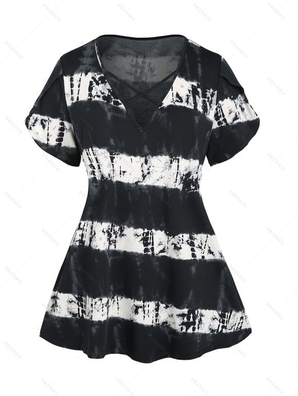 T-shirt Décontracté Croisé Teinté Imprimé Manches Courtes à Col V de Grande Taille - Noir 3XL | US 18