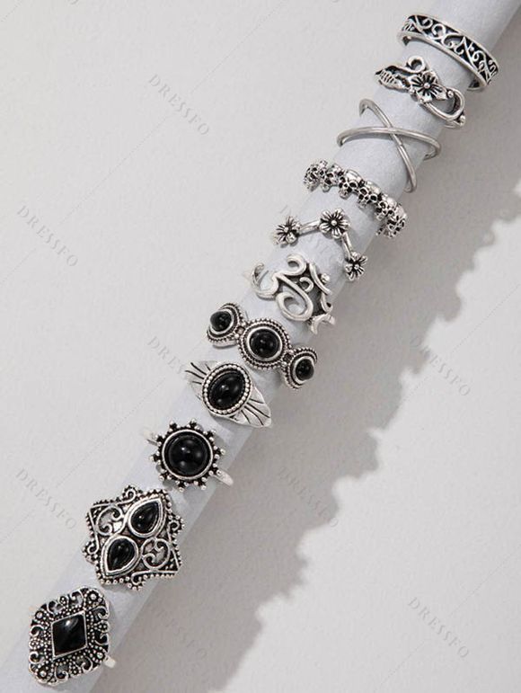 Ensemble de Bague Vintage Gothique Fleur Crâne avec Strass en Alliage 11 Pièces - Noir 