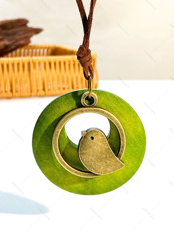 Collier avec Pendentif Oiseau en Bois à Sculpture Creuse en Alliage Style Ethnique - Vert Pistache 