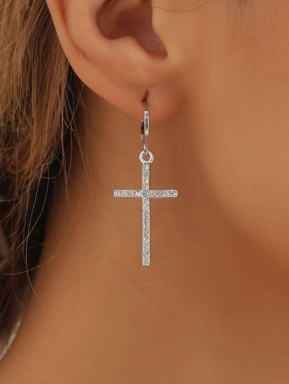 Boucles D'Oreilles Pendantes Vintage Croix New Year en Strass - Argent 