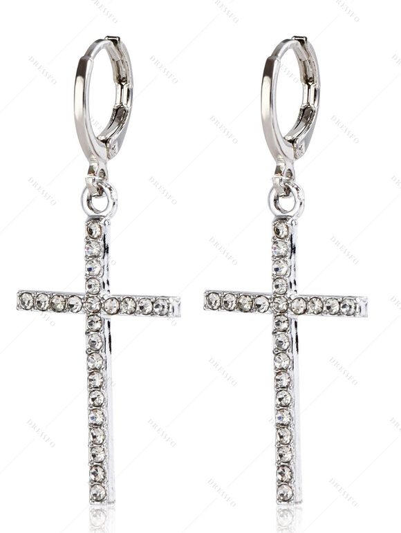 Boucles D'Oreilles Pendantes Vintage Croix New Year en Strass - Argent 