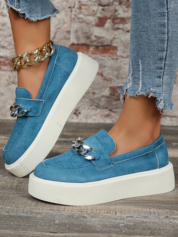 New Chain Decor Round Toe Chunky Slip On Casual Sneakers - Bleu EU 42