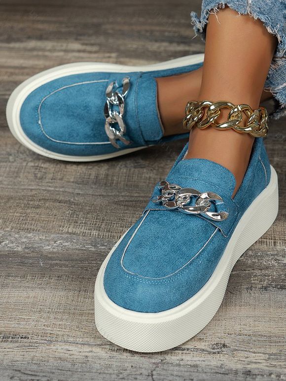 New Chain Decor Round Toe Chunky Slip On Casual Sneakers - Bleu EU 42