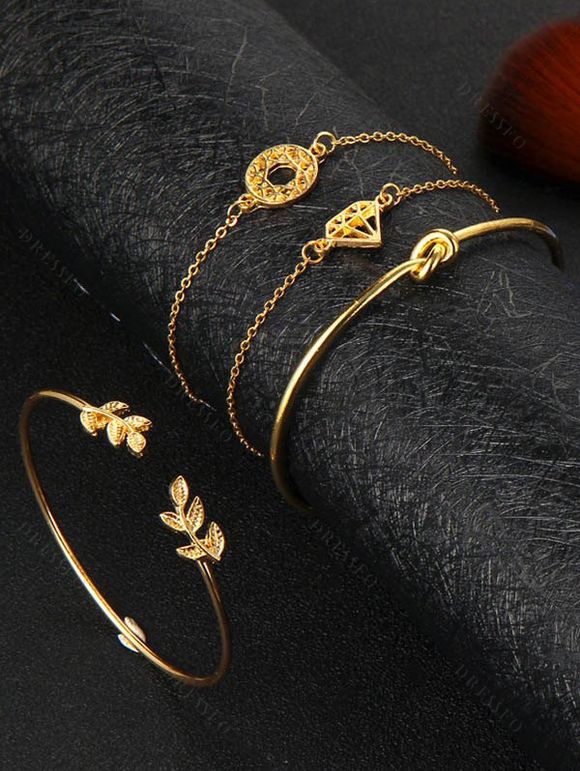 Ensemble de Bracelet Rétro Géométrique Noué Evidé Motif de Feuille 4 Pièces - d'or 