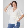 T-shirt Décontracté Texturé Superposé Ceinturé à Manches Evasées de Grande Taille - Blanc de Crème 5XL | US 22