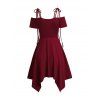 Robe Asymétrique Epaule Dénudée à Manches Courtes Nouée en Couleur Unie à Chaîne - Rouge foncé M | US 6