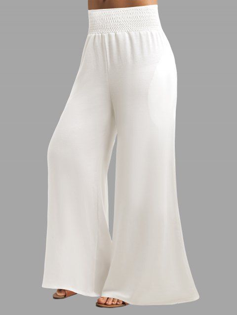 Pantalon Jambe Large à Taille Elastique en Couleur Unie avec Poche