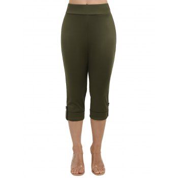 Solid Color Roll Up Casual Capri Pants Elastic Waist Skinny Pants 