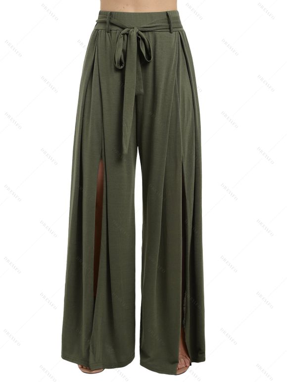 Pantalon D'Eté Décontracté Fendu Ceinturé à Jambe Large - Vert profond S | US 4
