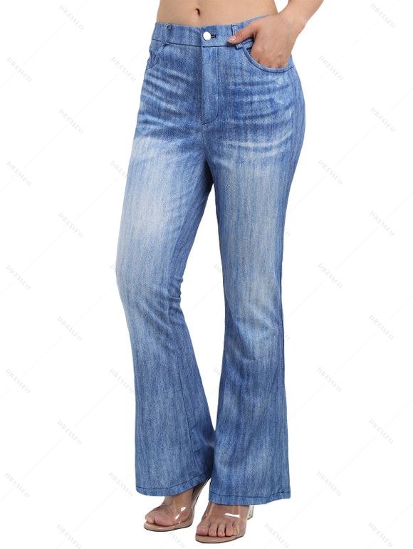 Pantalon Décontracté à Imprimé Denim avec Fausses Poches à Braguette à Glissière - Bleu Ciel M | US 6
