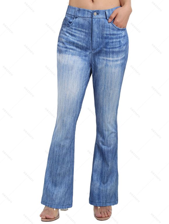 Pantalon Décontracté à Imprimé Denim avec Fausses Poches à Braguette à Glissière - Bleu Ciel S | US 4