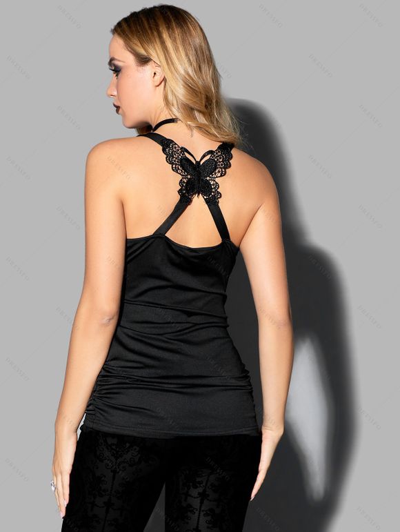 Débardeur Gothique Papillon en Dentelle à Lacets et Pantalon Ceinturé à Jambes Larges - Noir S | US 4