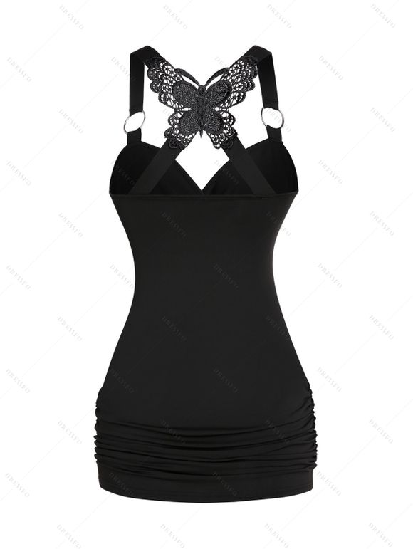 Débardeur Gothique Papillon en Dentelle à Lacets et Pantalon Ceinturé à Jambes Larges - Noir S | US 4