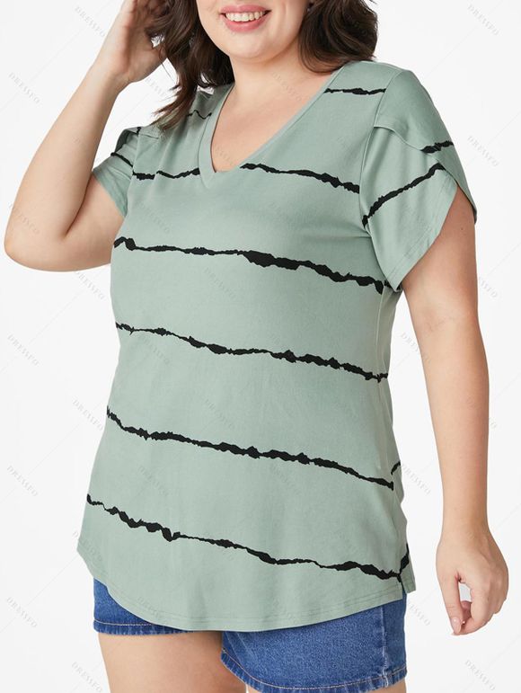 T-shirt D'Eté Confortable Tie Dye Imprimé de Grande Taille Manches Courtes à Col V - Vert clair 5XL | US 22