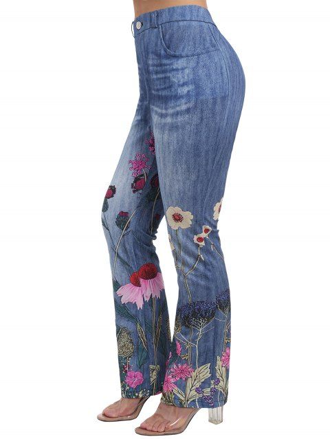 Pantalon Décontracté Zippé Fleur Imprimée avec Fausse Poche en Denim de Grande Taille