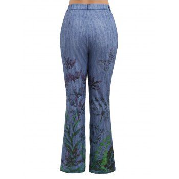 Butterfly Plant Pattern Pocket Zipper Fly Flare Faux Denim Casual Pants