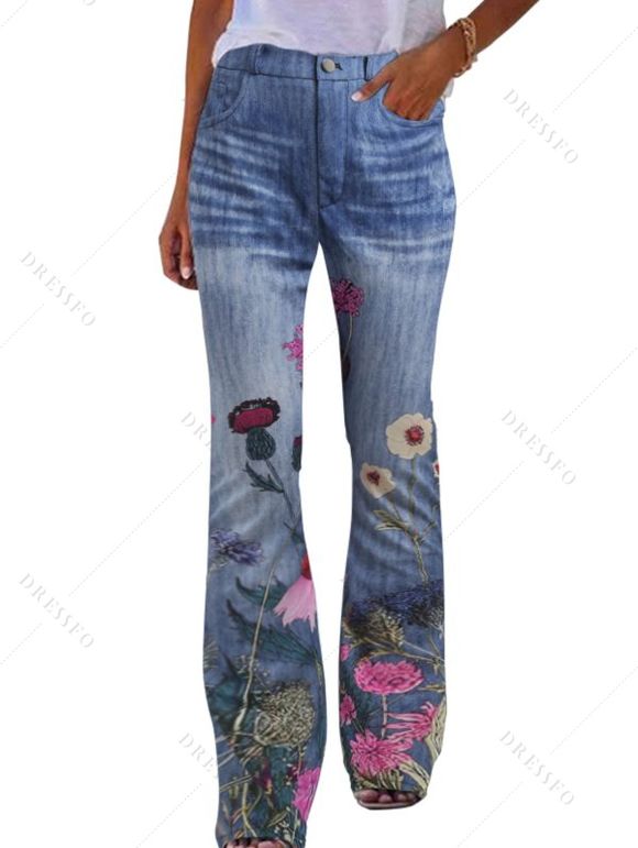 Pantalon Décontracté Fleur Imprimée avec Fausse Poche en Denim - Bleu gris S | US 4