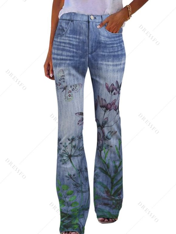Pantalon Décontracté Evasé Motif de Papillon et de Plante avec Fausse Poche en Denim - Bleu gris XL | US 10