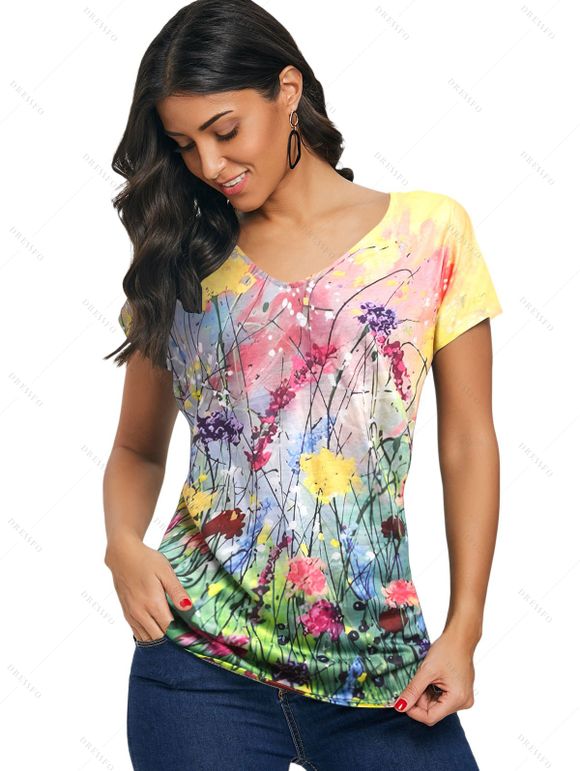 T-shirt D'Eté Décontracté Motif Coloré Manches Courtes à Col V - multicolor A XXL | US 14