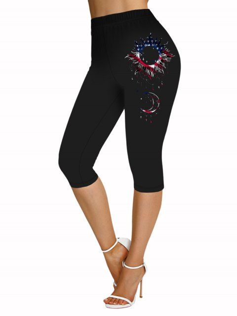 Legging Capri Moulant Drapeau Américain Lune Soleil Imprimé à Taille Elastique