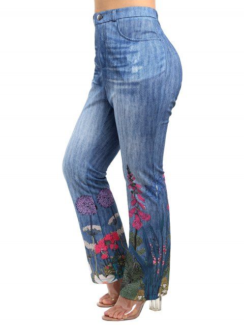 Pantalon Décontracté Evasé Fleuri Coloré Imprimé Zippé avec Poche de Grande Taille en Faux Denim