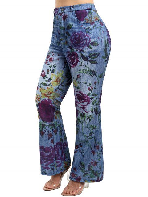 Pantalon Décontracté Evasé Fleuri Coloré Imprimé Zippé avec Fausse Poche de Grande Taille en Denim