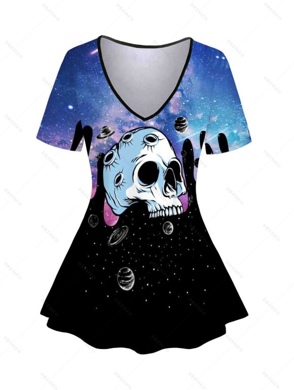T-shirt Décontracté Galaxie Crâne Imprimée à Manches Courtes à Col V - Noir XXL | US 14