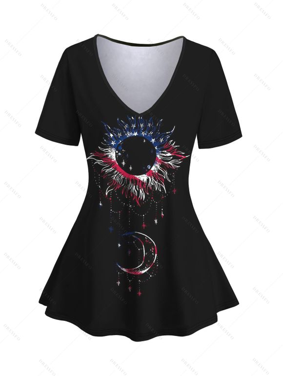 T-shirt Décontracté Etoile Lune et Soleil Imprimés Manches Courtes à Col V - Noir XXL | US 14