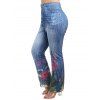 Pantalon Décontracté Evasé Fleuri Coloré Imprimé Zippé avec Poche de Grande Taille en Faux Denim - Bleu gris 3XL