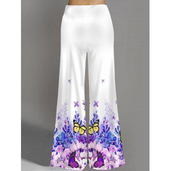 Colorful Butterfly Floral Print Wide Leg Pants Long Elastic Waist Casual Loose Pants