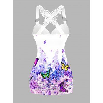 Colorful Butterfly Floral Print Tank Top Lace Butterfly Back Ruched Surplice O Ring Strap Tank Top 