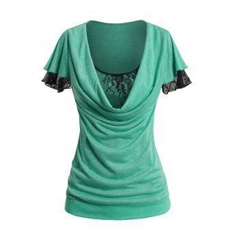 Heathered Cowl Neck Mesh Patchwork Layered Short Sleeve Faux Twinset T Shirt 