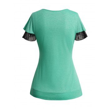 Heathered Cowl Neck Mesh Patchwork Layered Short Sleeve Faux Twinset T Shirt 