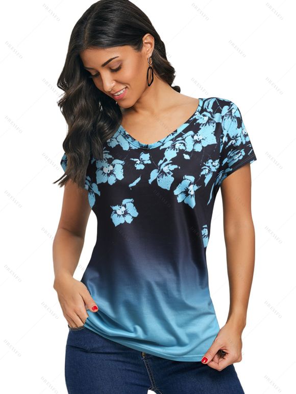 T-shirt D'Eté Décontracté Floral Ombre Imprimé Manches Courtes à Col V - Bleu Ciel S | US 4