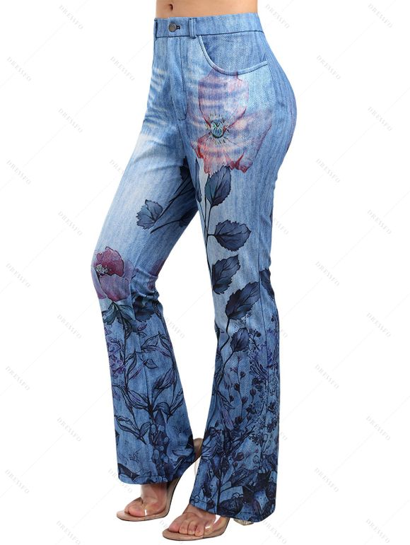Pantalon en Denim Décontracté Evasé Motif Fleuri avec Fausse Poche à Braguette Zippée - Bleu gris M | US 6