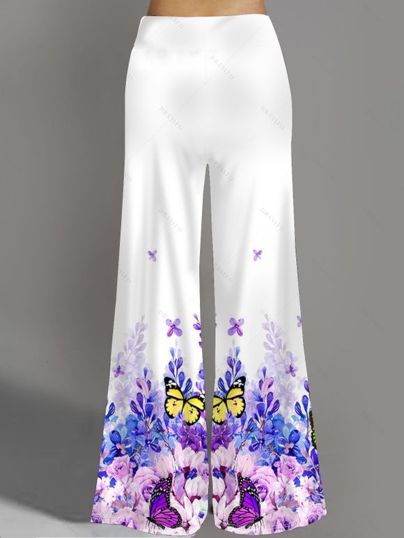 Pantalon à Jambes Larges en Dentelle à Imprimé Papillons et Fleurs Colorés - Blanc S | US 4