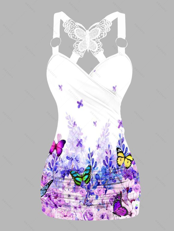 Pantalon à Jambes Larges en Dentelle à Imprimé Papillons et Fleurs Colorés - Blanc S | US 4