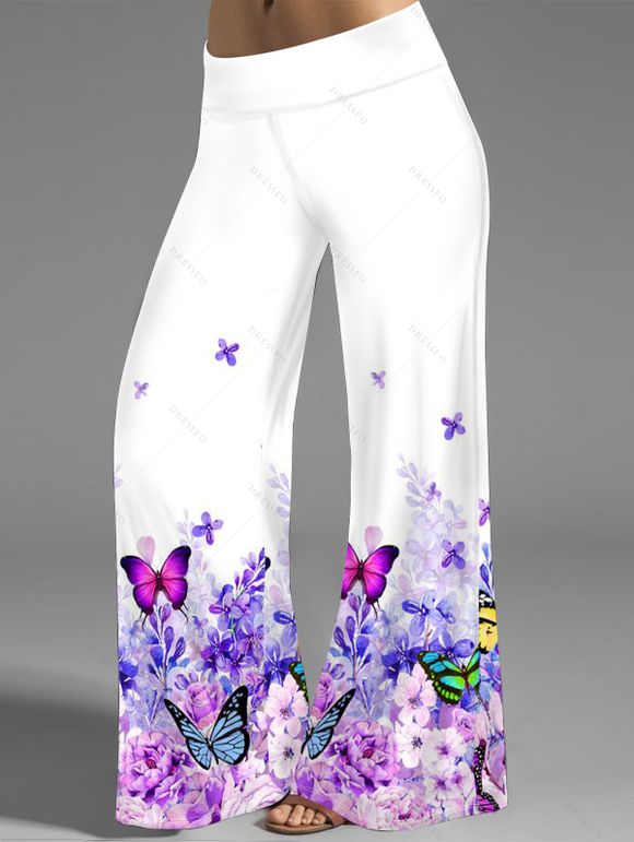 Pantalon à Jambes Larges en Dentelle à Imprimé Papillons et Fleurs Colorés - Blanc S | US 4