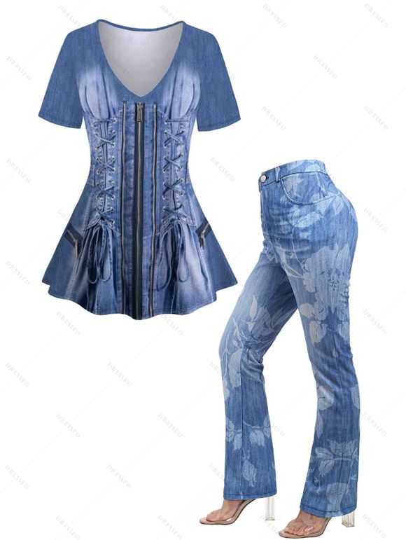 T-shirt Manches 3 / 4 Col en V Floral et Pantalon Denim Evasé - Bleu S | US 4