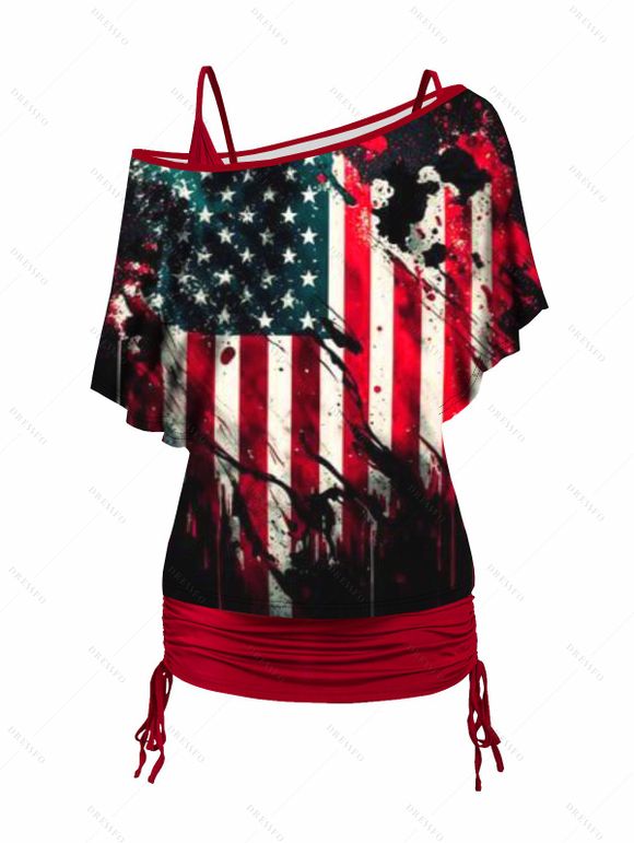 Ensemble de T-shirt Déchiré Drapeau Américain Imprimé à Col Oblique Deux Pièces - Noir XXL | US 12