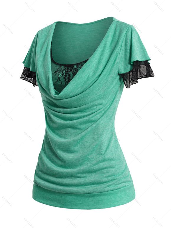 T-shirt Chiné Superposé en Maille Insérée Manches Courtes à Col Bénitier Fausse Deux Pièces - Vert clair XL | US 12