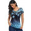 T-shirt D'Eté Décontracté Floral Ombre Imprimé Manches Courtes à Col V - Bleu Ciel XXL | US 14