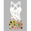 Sunflower Floral Print Tank Top Lace Butterfly Back Ruched Surplice O Ring Strap Tank Top